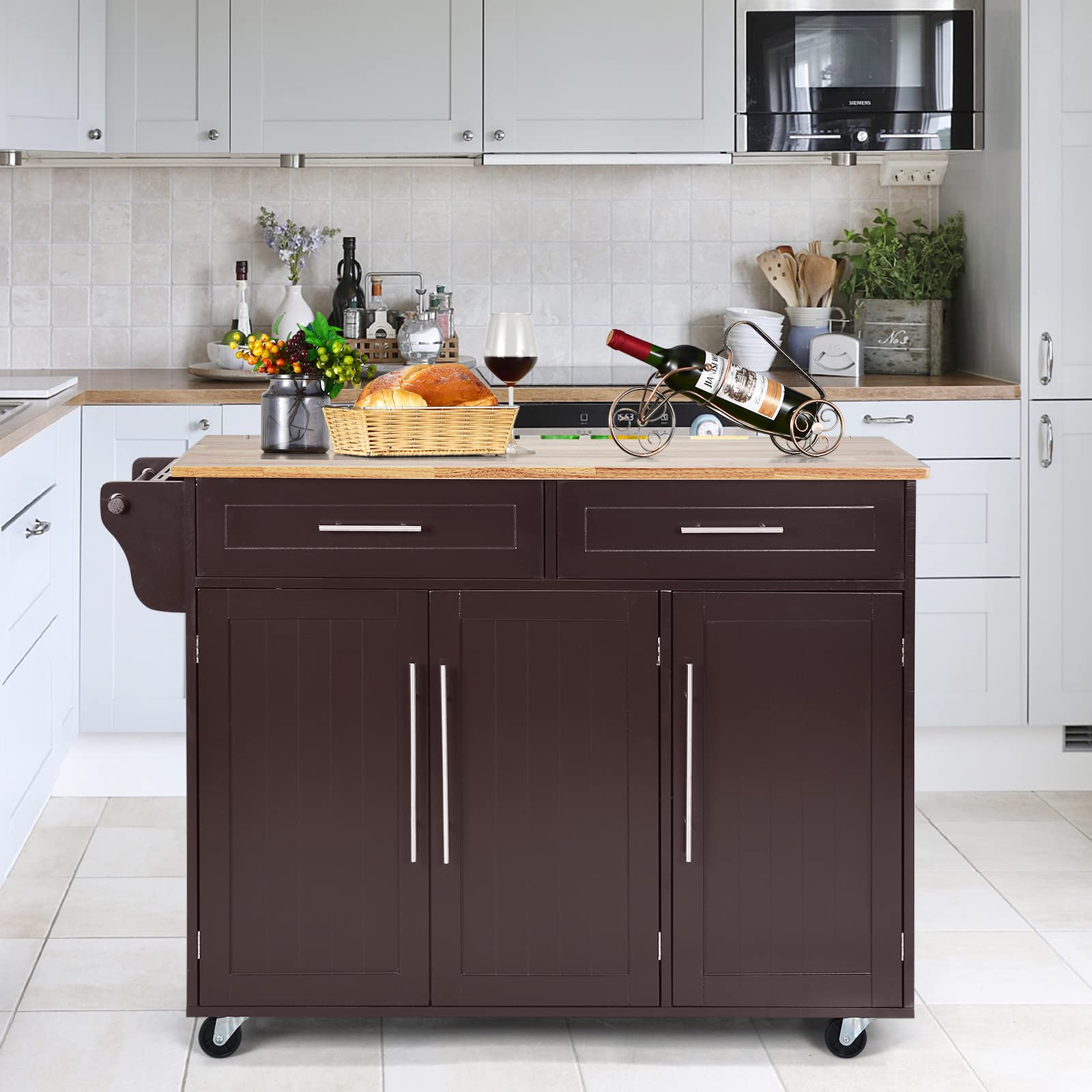 COSTWAY Carrello da Cucina, Carrello di Servizio con Ruote e Maniglia, 3 Ante e 2 Cassetti, Ideale per Cucina Ristorante Bar, 122x46x92,3 cm (Marrone)