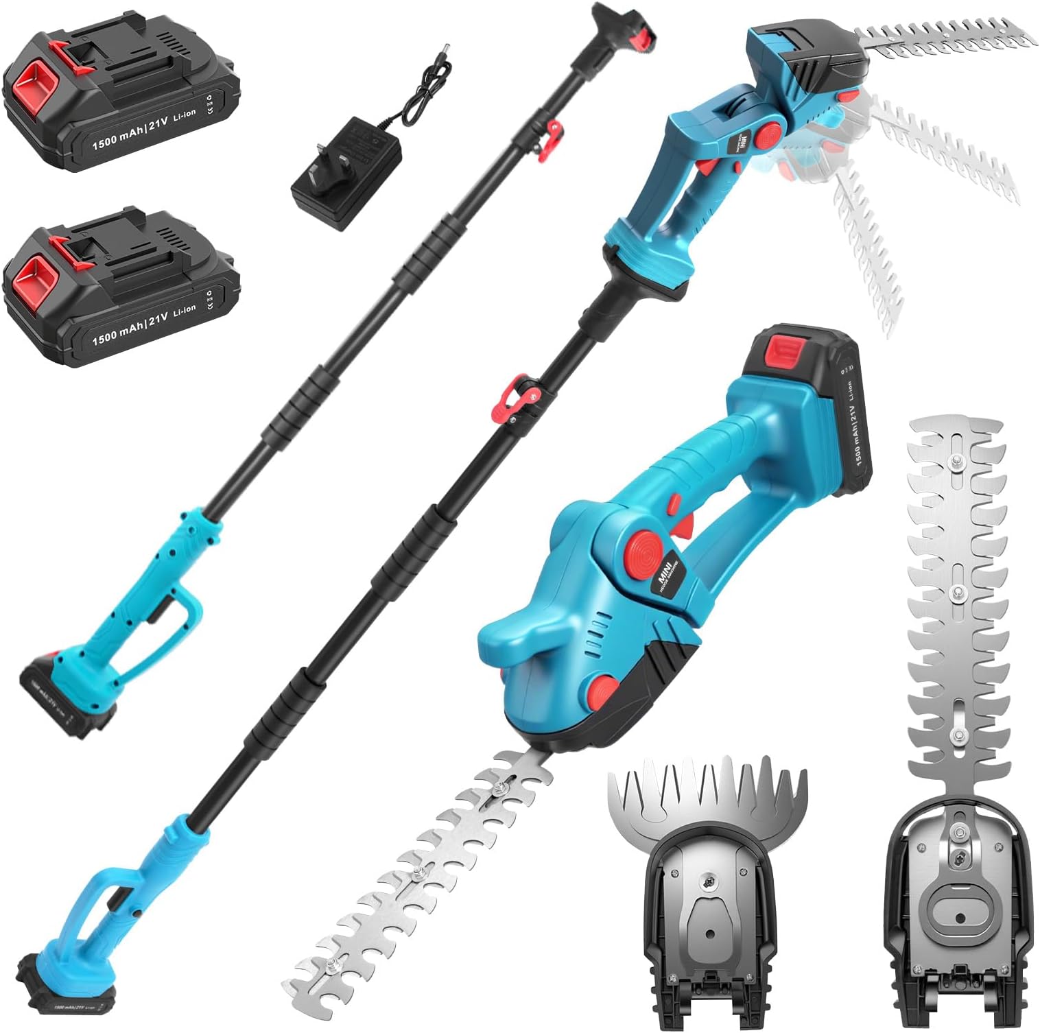 4-in-1 Cordless Pole Handheld Hedge Trimmer & Grass Shear, 21V Electric Grass Trimmer Hedge Cutter with 2 Batteries & Charger, Long Reach Extendable Pole Hedge Bush Trimmer for Shrub Garden Yard Lawn