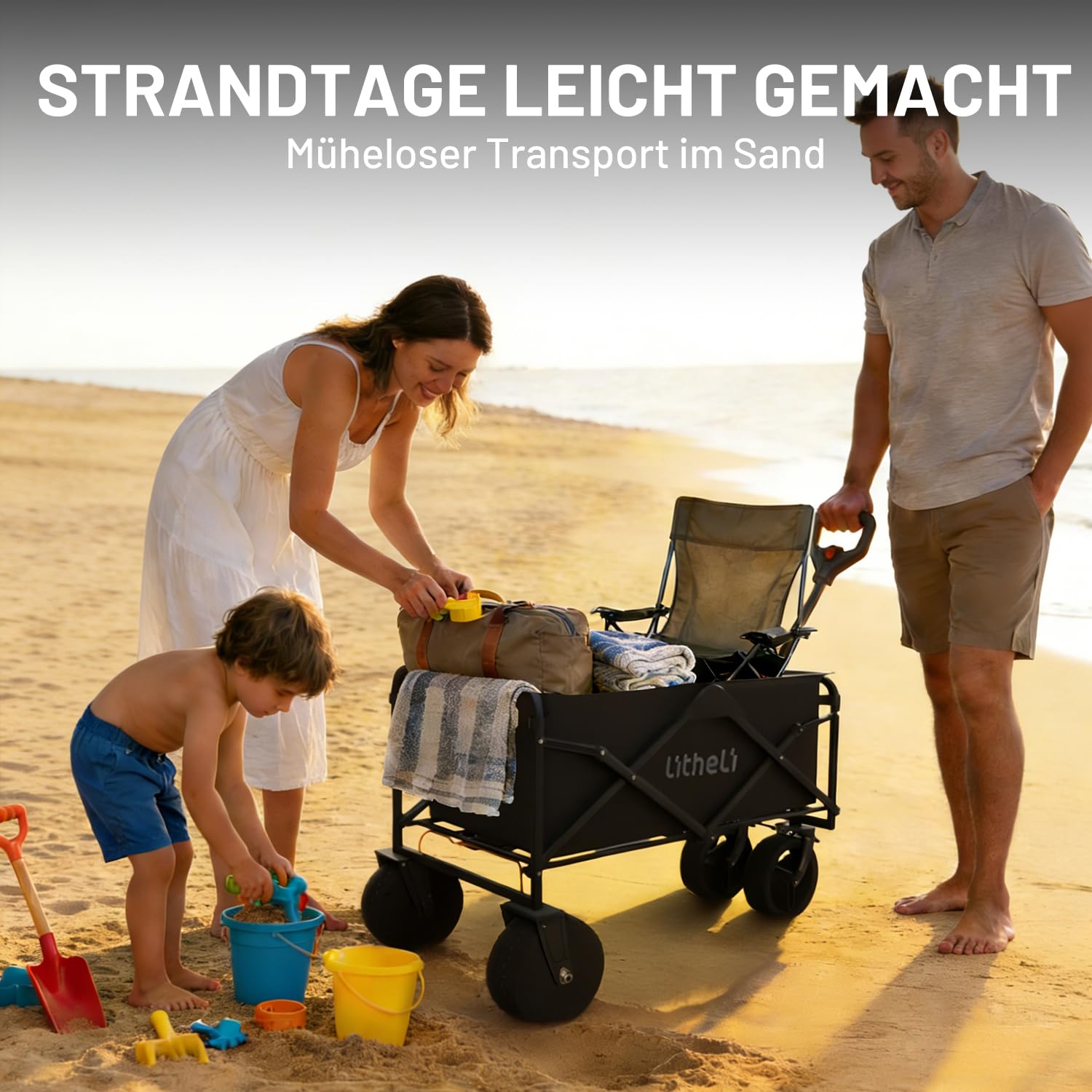 Litheli Carrello elettrico pieghevole, con motore e freni, portata 100 l, 50 kg, adatto per campeggio, giardino, spiaggia, shopping (nero, W1 Go, senza batteria)