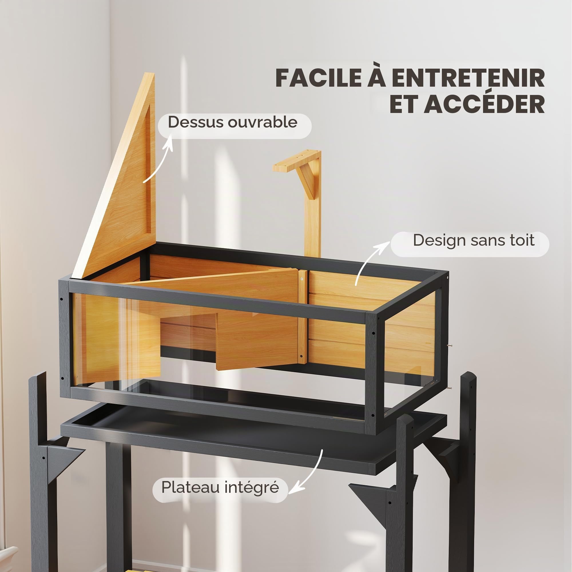 PawHut Maison de tortue en bois avec étagère et fenêtres transparentes, support de lampe, dessus ouvrable, plateau intégré, jaune