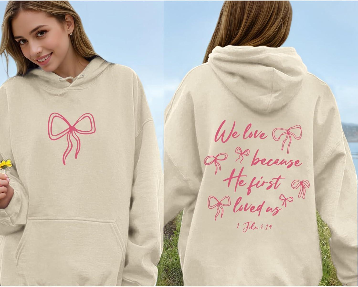 Christian Bow Hoodies for Women Cute Bow Print Sweatshirt Bible Verse Graphic Hoodie Religious Pullover Sweatshirts