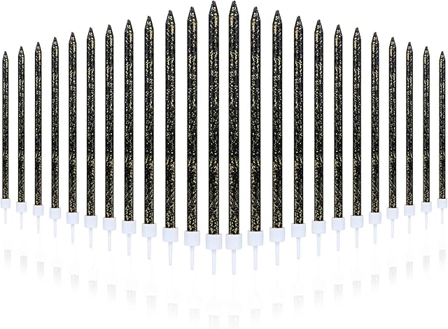 URAQT Birthday Candles, 24 Pcs Metallic Birthday Cake Candles in Holders, 5.1 inch Long Thin Golden Candles Cupcake Candles for Birthday Wedding Baby Shower Party Decoration (Black Glitter)
