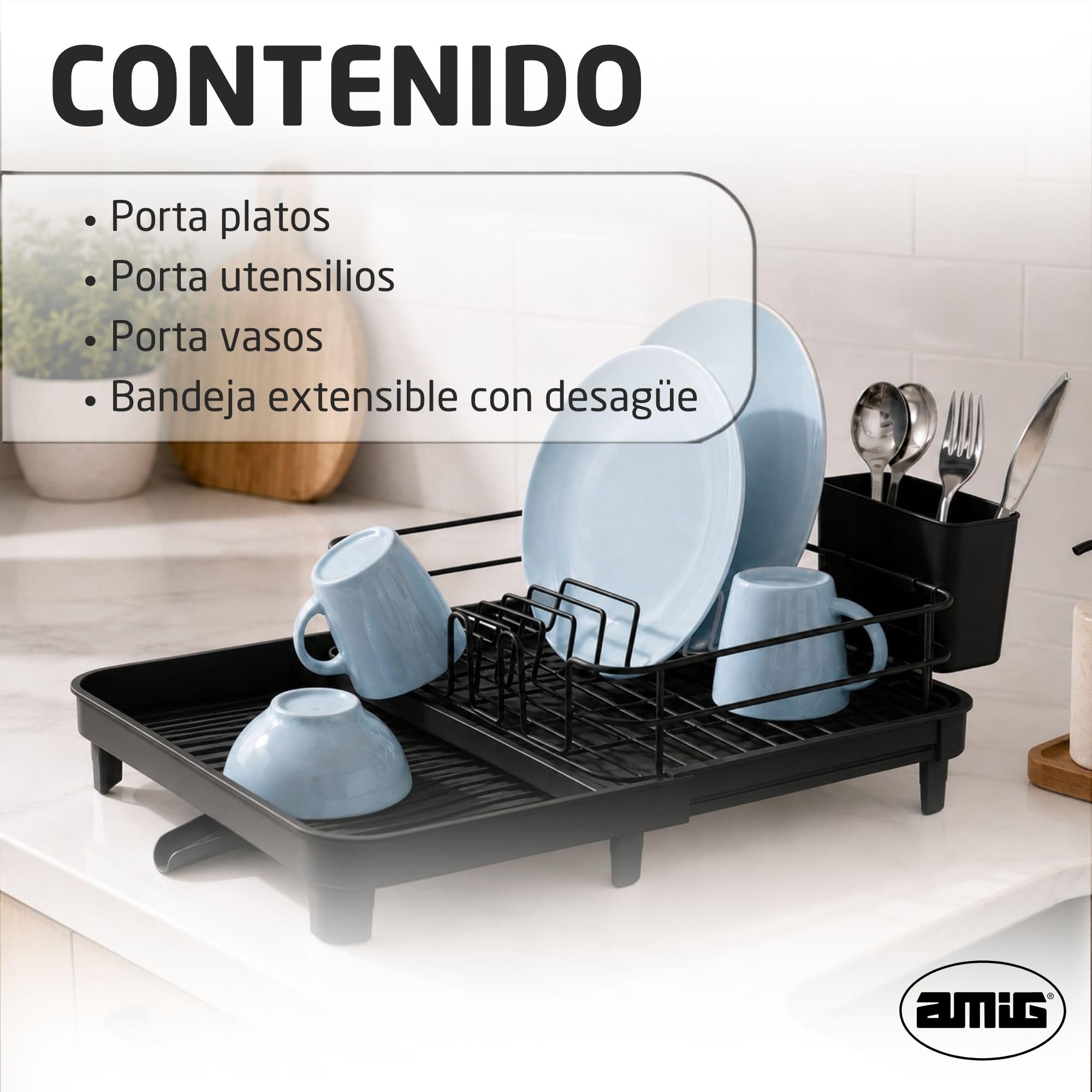 Amig Escurreplatos Extensible con Desagüe Negro Vika | Patas antideslizantes. Bandeja de goteo. Extensible de 31 a 52 cm. Acero y polipropileno.