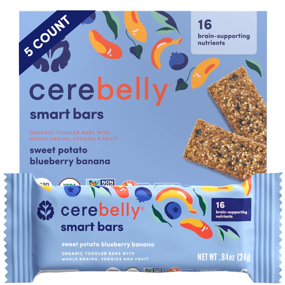 Cerebelly Toddler Bars - Organic Sweet Potato Blueberry Banana Smart Bars | Healthy Snack for Kids | 16 Brain-supporting Nutrients, Gluten Free, Nut Free, No Added Sugar | Baby Snacks | Pack of 5
