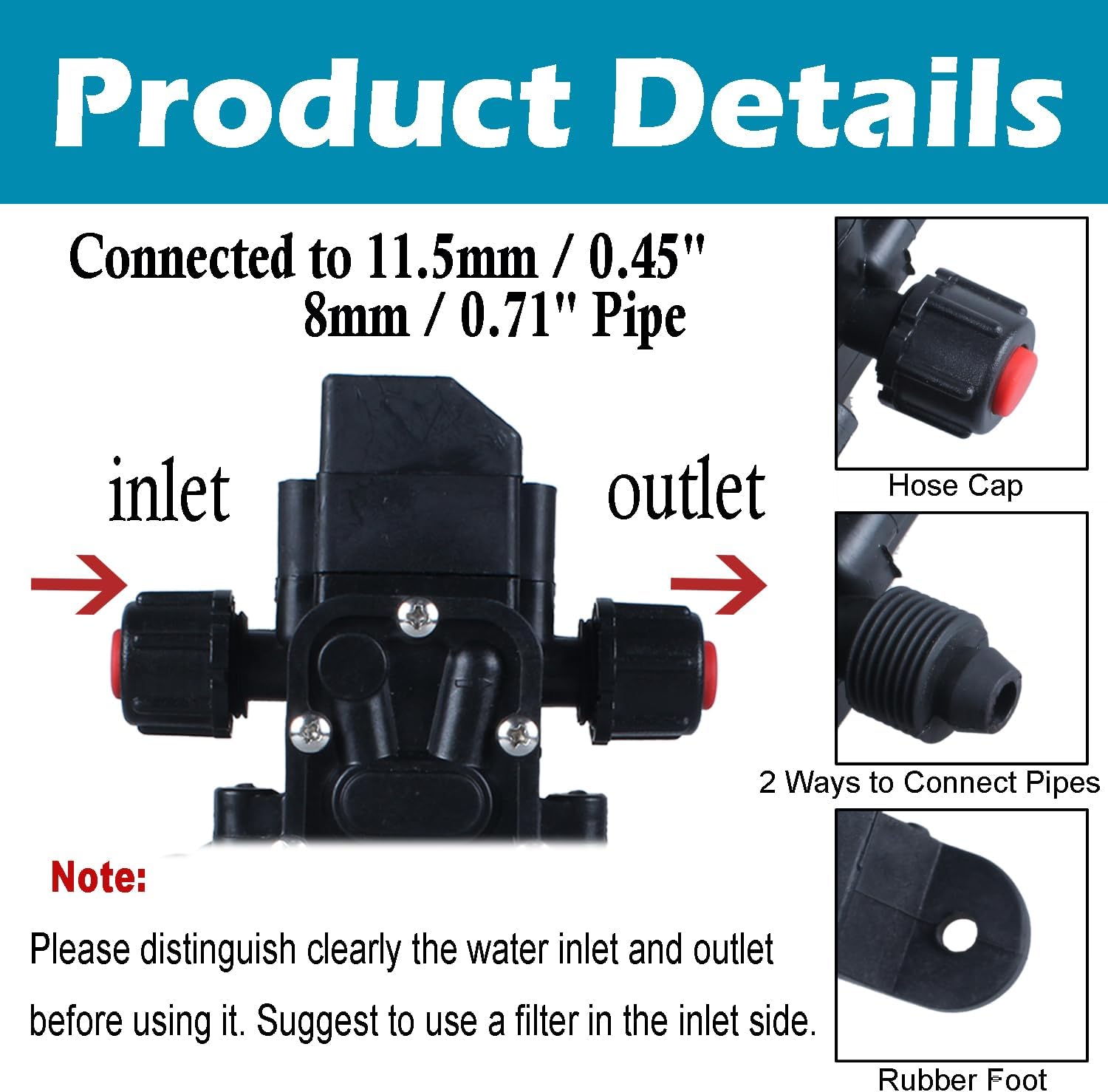 Water Pressure Pump Sprayer Self Priming Pump 12v DC 70W 0.9MPA 130psi Home Booster Connected to 11.5mm/0.45inch 17.3mm/0.68inch Pipe for 4-6L/Min with Power Adapter