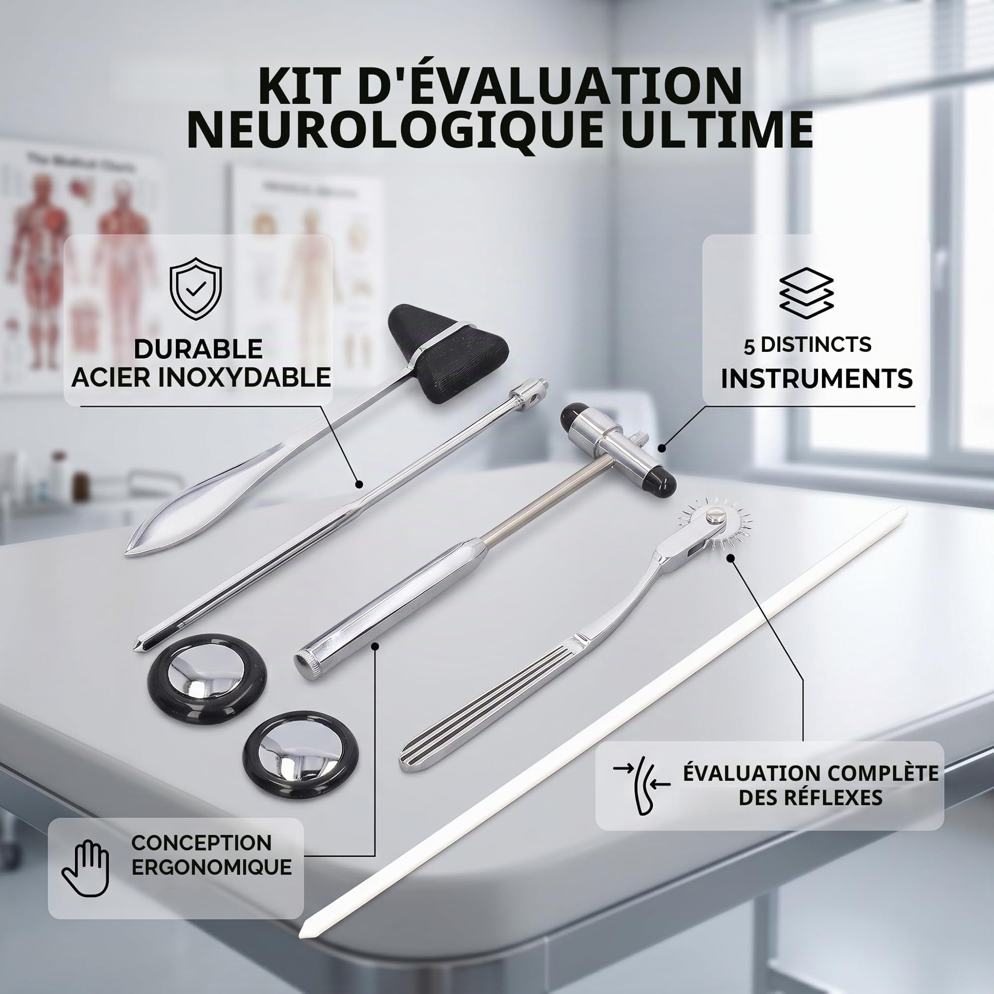 Ensemble de Marteau Réflexe Neurologique 5 Pièces - Portable Multifonctionnel en Acier Inoxydable pour Examen du Système Nerveux