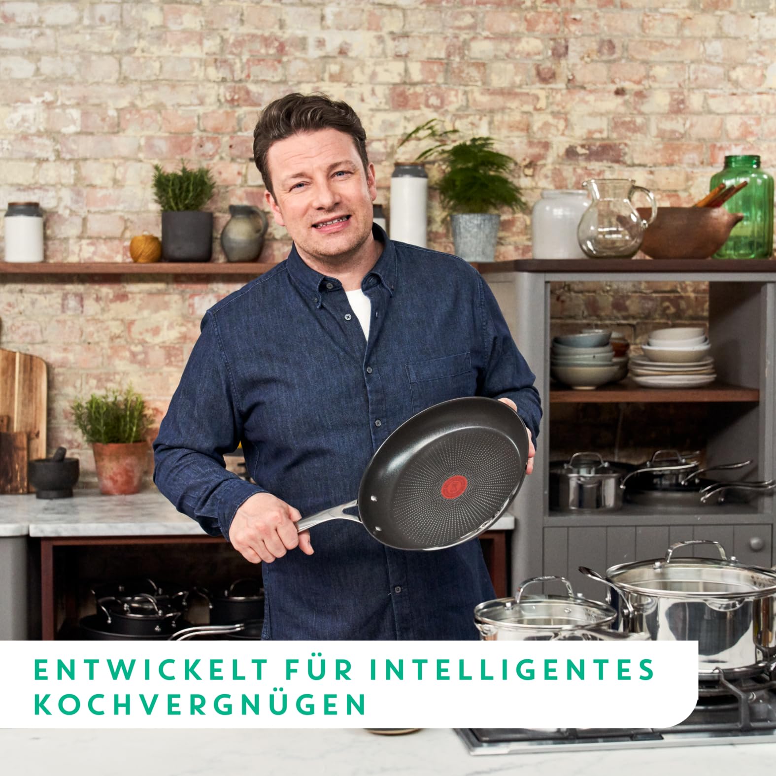 Tefal Jamie Oliver Cook's Direct On Bratpfanne 28 cm, Edelstahlpfanne Induktion, Titanium-Antihaftbeschichtung, Thermo-Signal, backofenfest, Edelstahl, genieteter Griff, E3040644