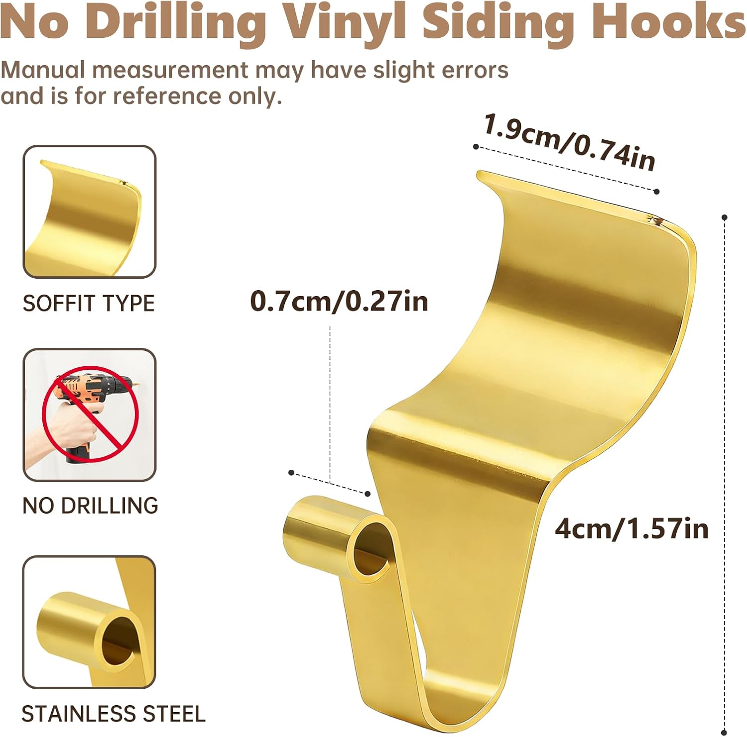 Stainless Steel Gold Vinyl Siding Hooks 10 Pack, No-Hole Need Heavy Duty Siding Clips for Hanging on Outdoor, Command Hook Hanger for Wreath,Christmas Decor,Ornament, Picture Hanging