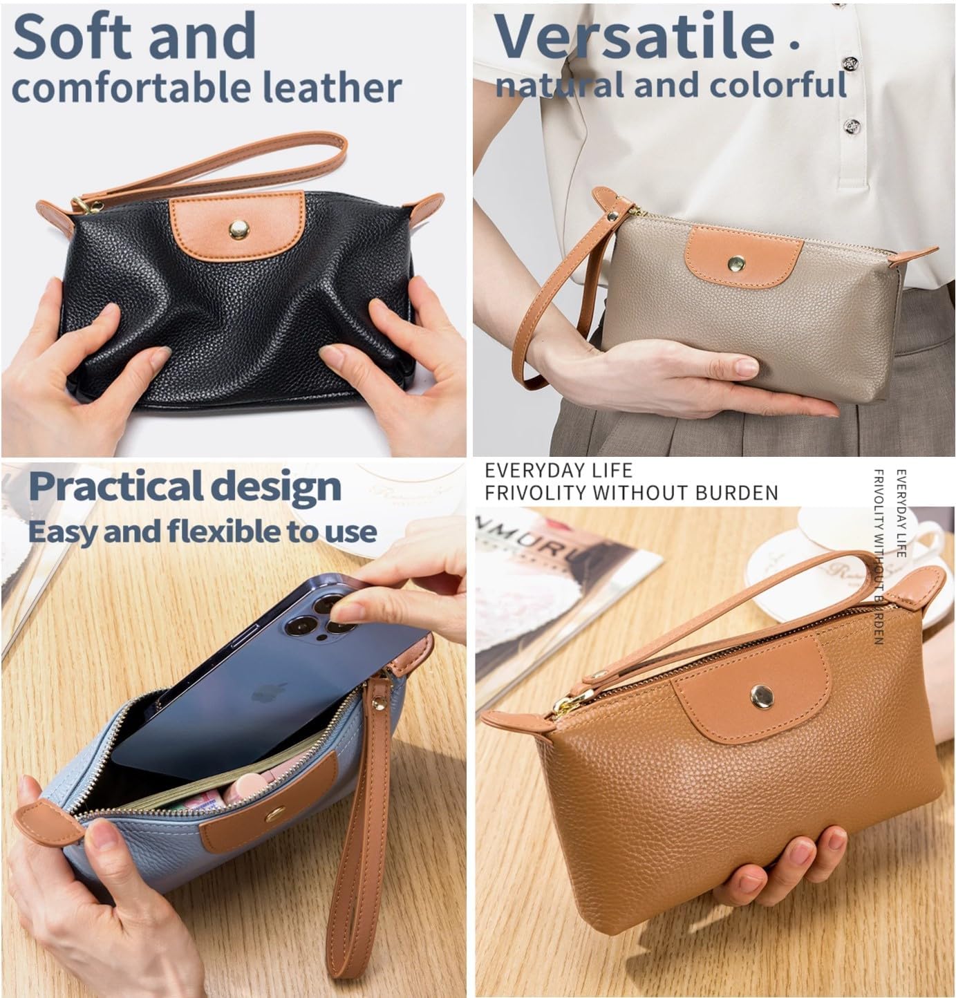 Women Genuine Real Leather Wristlet Wallet Clutch. 2 Zipped Pockets 3 Card Slots Purse (Black)