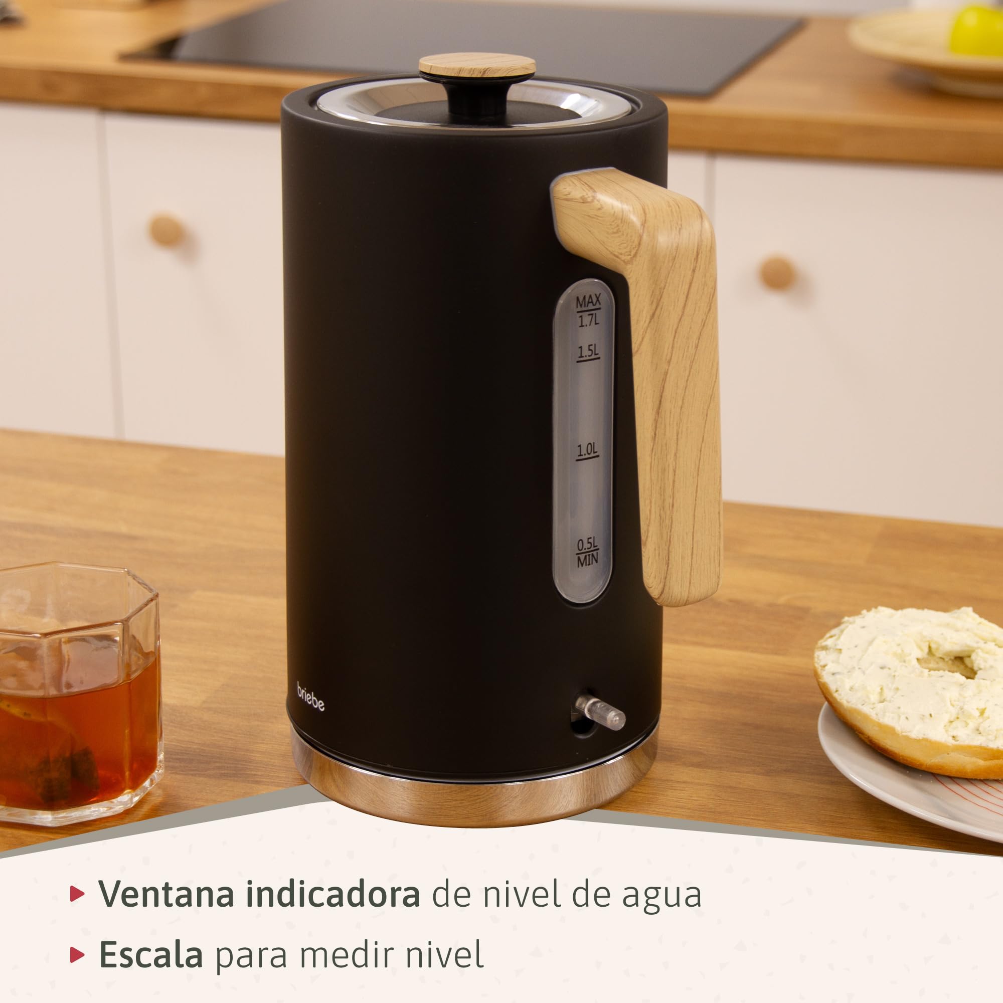 briebe Nordic Set Tostadora Pan Ranura Ancha 2 Rebanadas, 6 Niveles Tostado + Hervidor Agua Eléctrico 1,7L Inalámbrico, 2200W Ebullición Rápida, Libre BPA, Pack Desayuno Diseño Nórdico, Negro