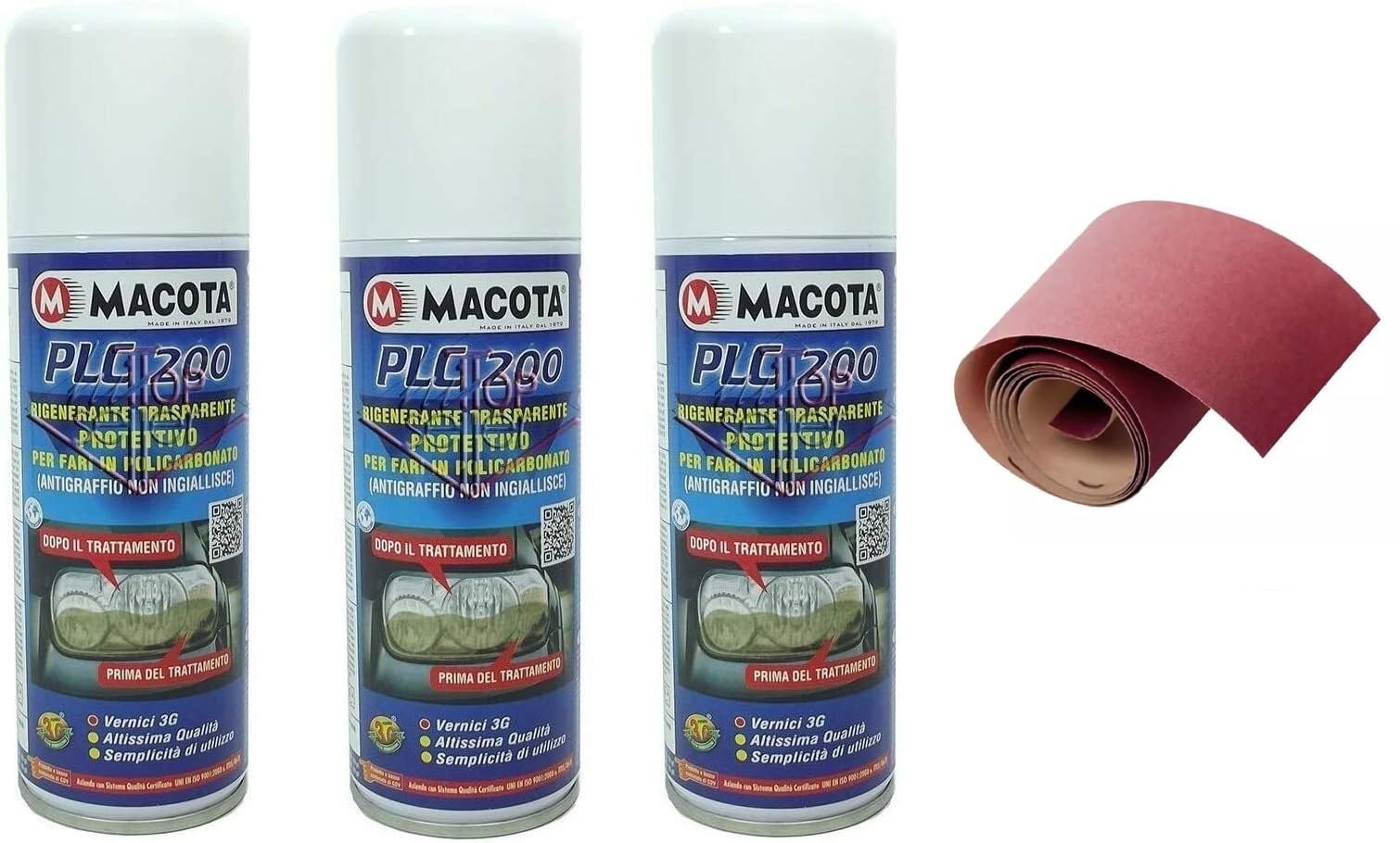 Macota PLC200 200ml rinnova rigenera fanali Spray ravvivante fari Auto Moto RAVVIVANTE Trasparente Protettivo (3) + Carta abrasiva Extra fine P400 150x11,5 cm in Omaggio