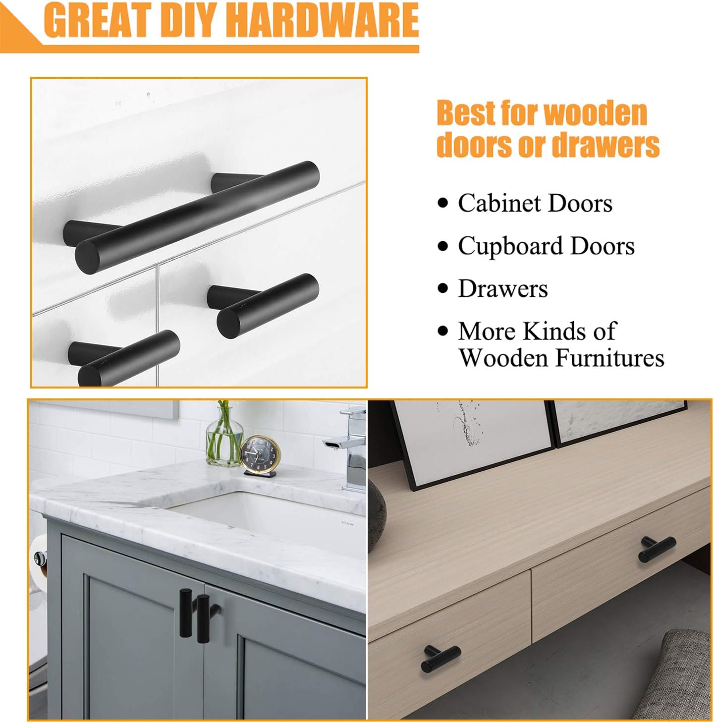 PinLin 20 Pack Kitchen Door Handles Single Hole Flat Black Cabinet Handles Stainless Steel Cupboard T Bar Handle (Screws Included) - Image 3