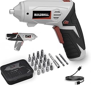BUILDSKILL 4V Cordless Screw Driver Kit | 19 Pcs | 4 N.M. Torque | 250 RPM | Magnetic Chuck | 1.5AH Battery | Forward-Reverse | 2 position Handle Lock & LED Light | Type-C Charging cable included