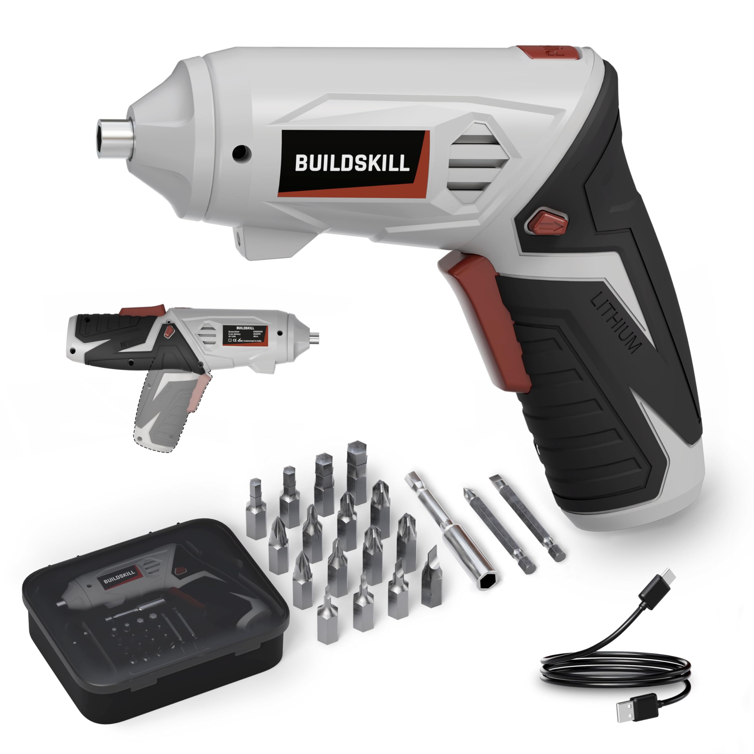 BUILDSKILL 4V Cordless Screw Driver Kit | 19 Pcs | 4 N.M. Torque | 250 RPM | Magnetic Chuck | 1.5AH Battery | Forward-Reverse | 2 position Handle Lock & LED Light | Type-C Charging cable included 2
