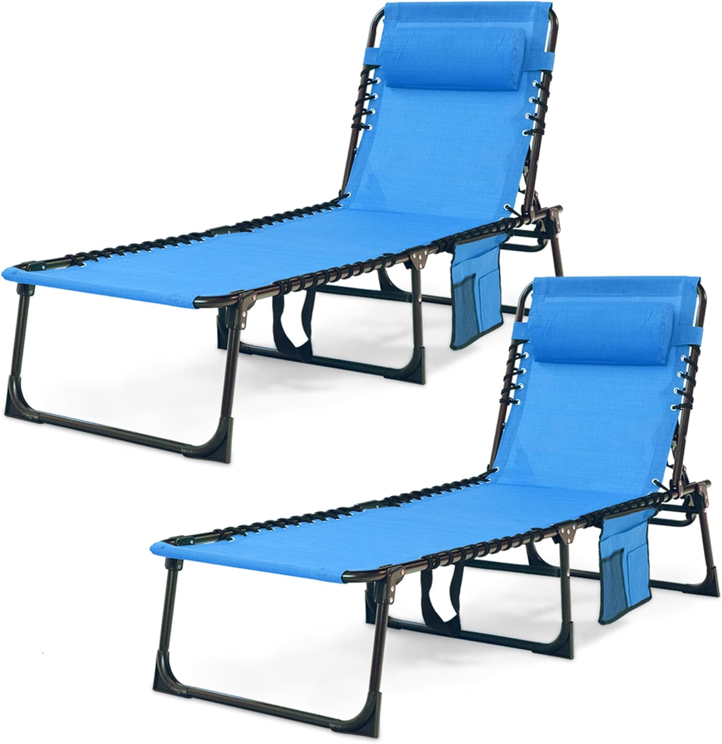 Folding Chaise Lounge Chair 2 Pack - 400lb Capacity, 5-Position Adjustable Recliner with Pillow | Portable for Patio, Pool, Camping & Sunbathing (Blue)​