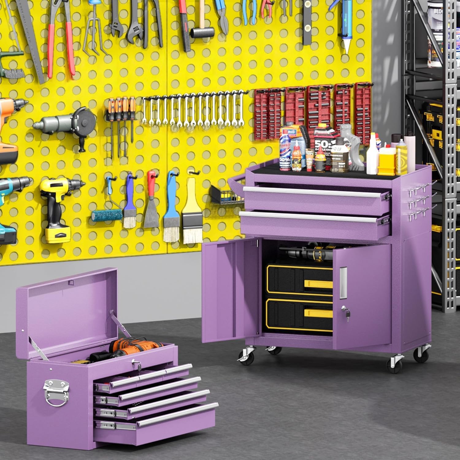 Greenvelly 8-Drawer Rolling Tool Chest, Metal Tool Chest with Wheels, Rolling Tool Box with Detachable Top Tool Box, Metal Tool Cart with Liner & Hooks for Garage, Workshop, Warehouse, Purple