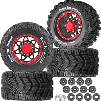 RC Truck Tires 12mm/14mm/17mm Hex RC Wheels and Tires for 1/10 Big Rock Granite Vortek/Stampede Rustler Hoss/L0s1 Rc 4wd,RC Monster Truck Car Wheel 4Pcs,Black Red