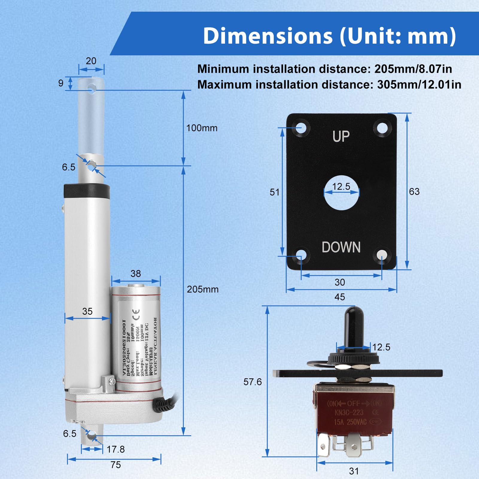1500 N attuatore lineare DC 12 V cilindro elettrico Set con interruttore manuale IP65 10 mm/s motore di sollevamento per aprifinestra, divani elettrici, letti per porte, impianti industriali