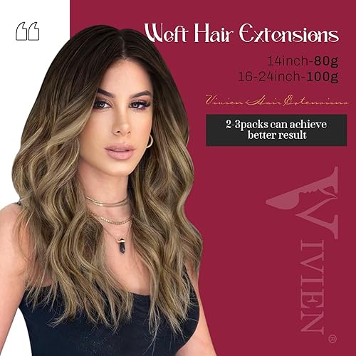 Miniatura 2 de Vivien Extensiones de cabello humano balayage de 18 pulgadas con trama cosida marrón que se desvanece a marrón caramelo y marrón ombré 100 Remy