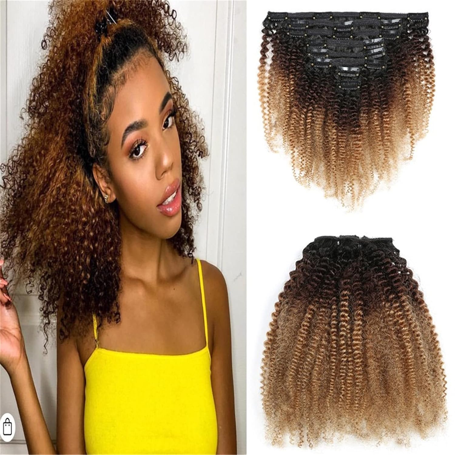 Clip In Human Hair Extensions 8pcs/set 120g/set Short 14" Afro Kinky Curly BBQ 3-Tone-Ombre-Color 1B/4/27 Black/Brown/Blonde Brazilian Remy Hair Hair Pieces 18 Clips In for Women
