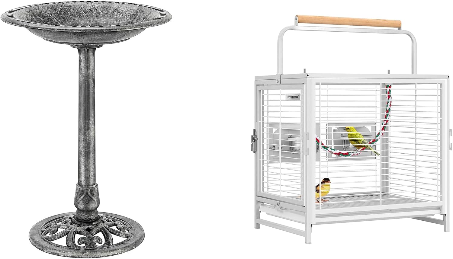 VIVOHOME 28 Inch Height Polyresin Lightweight Antique Outdoor Garden Bird Bath and 19 Inch Wrought Iron Bird Travel Carrier Cage