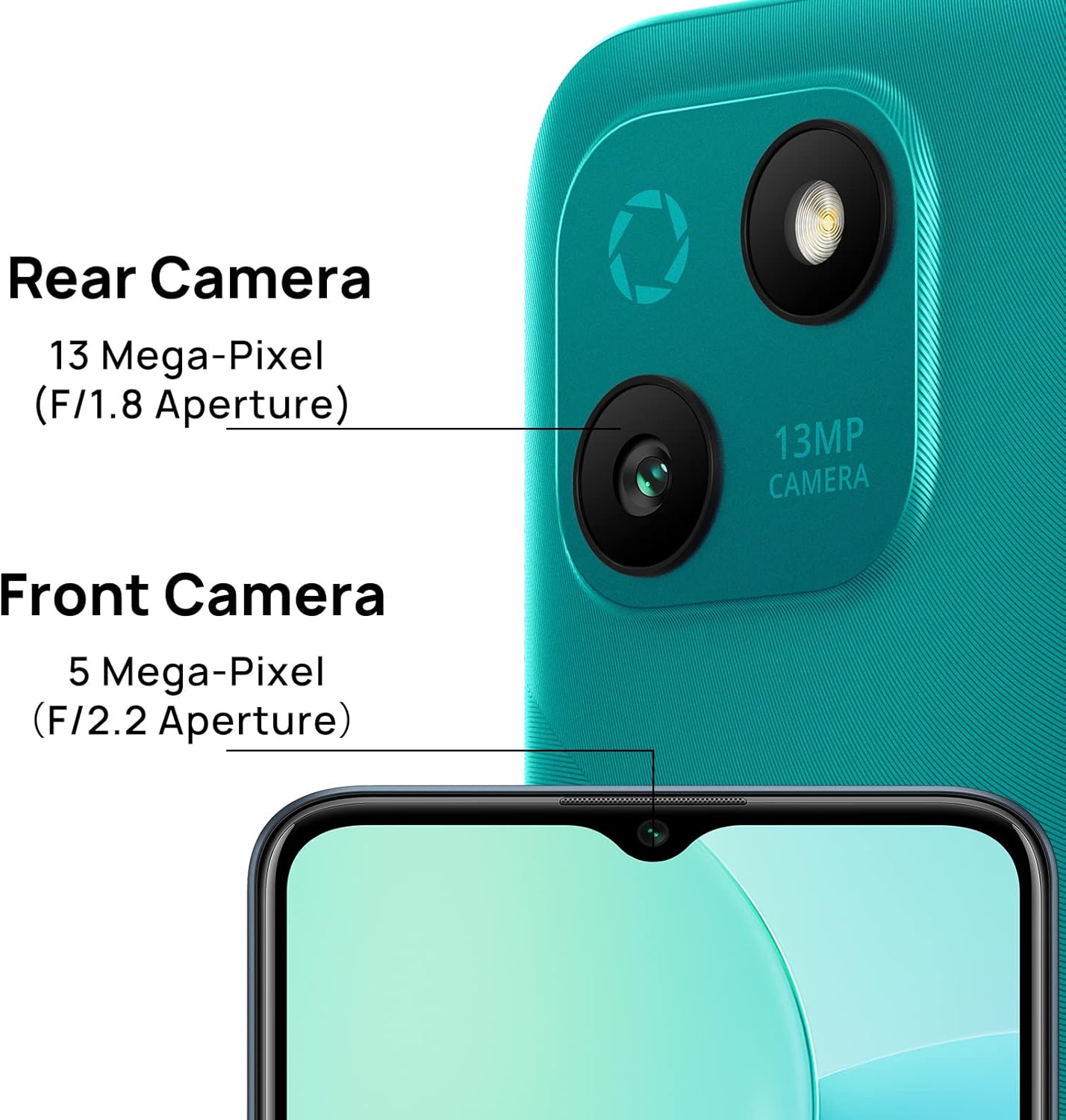 Close-up of WIKO T10 cameras, showing 13MP rear and 5MP front