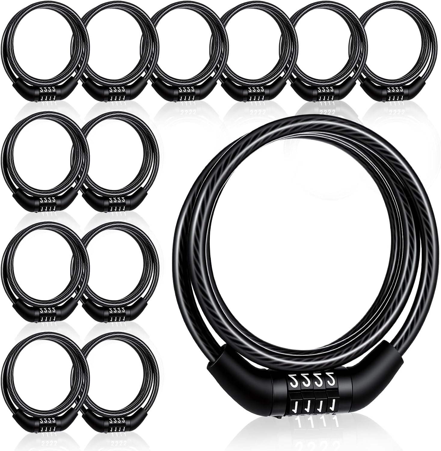 12 Pcs Bike Lock Cable with Combination, 4 Feet Bike Locks Heavy Duty Anti Theft Coiled Preset Bicycle Lock High Security 4 Digit Black Bicycle Cable Locks