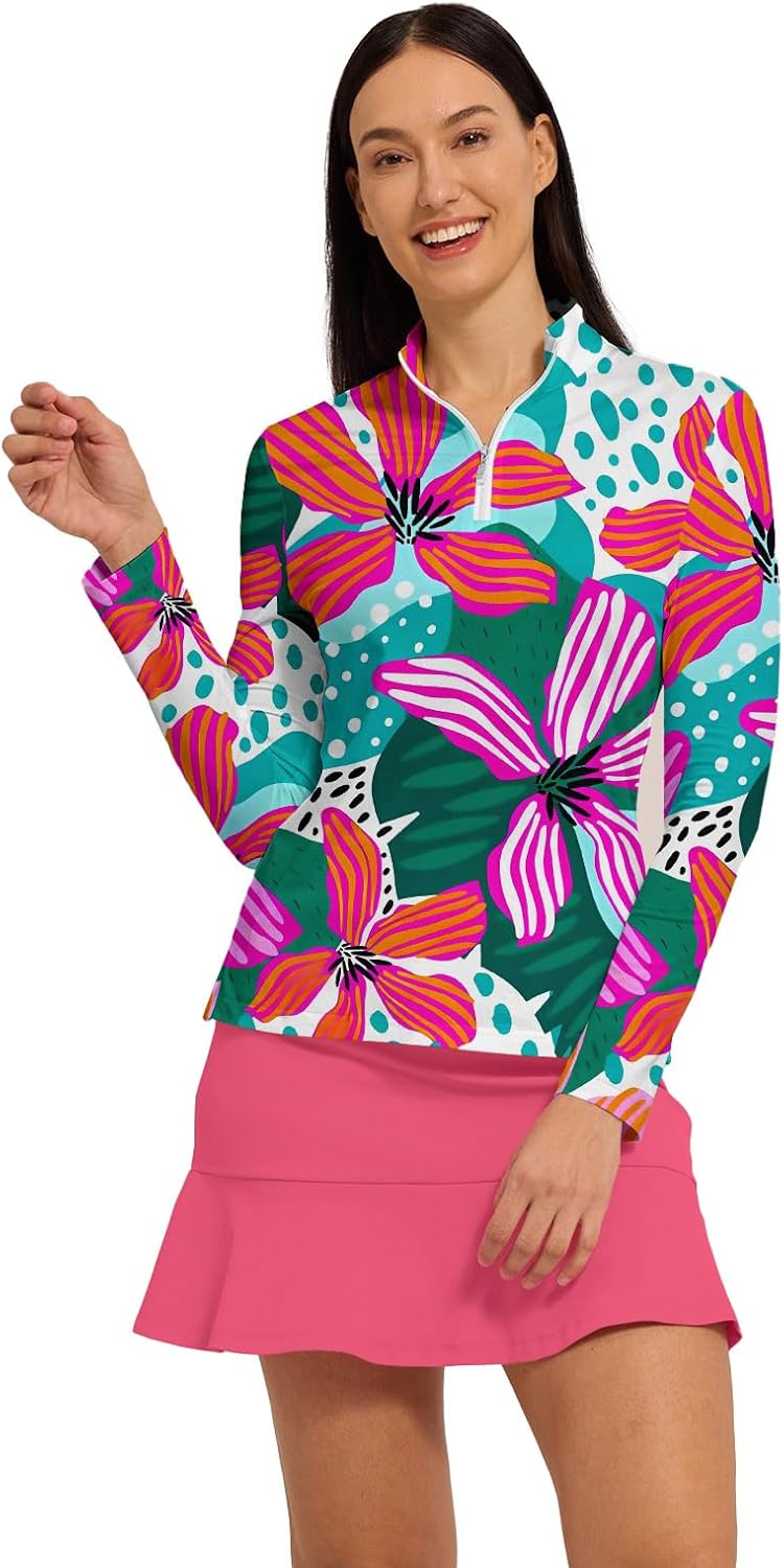 ACEGOLFS Womens Golf Polo Shirts Long Sleeve Quarter Zip Pullover Shirt for Women Quick Dry Printed Athletic Workout Tops