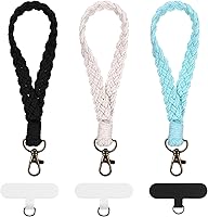 Larrel 3PCS Boho Macrame Phone Wrist Strap Lanyard with Tether Tabs - Cotton Braided Wristlets for Women, 3 Colors (White/Black/Cyan)