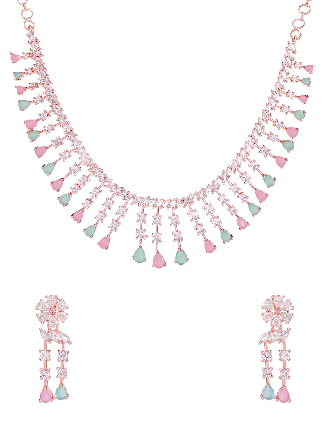 Yellow Chimes Jewellery Set for Women and Girls American Diamond Jewellery Set | Rosegold Rhodium Plated AD Necklace Set for Women | Birthday Gift for Girls & Women