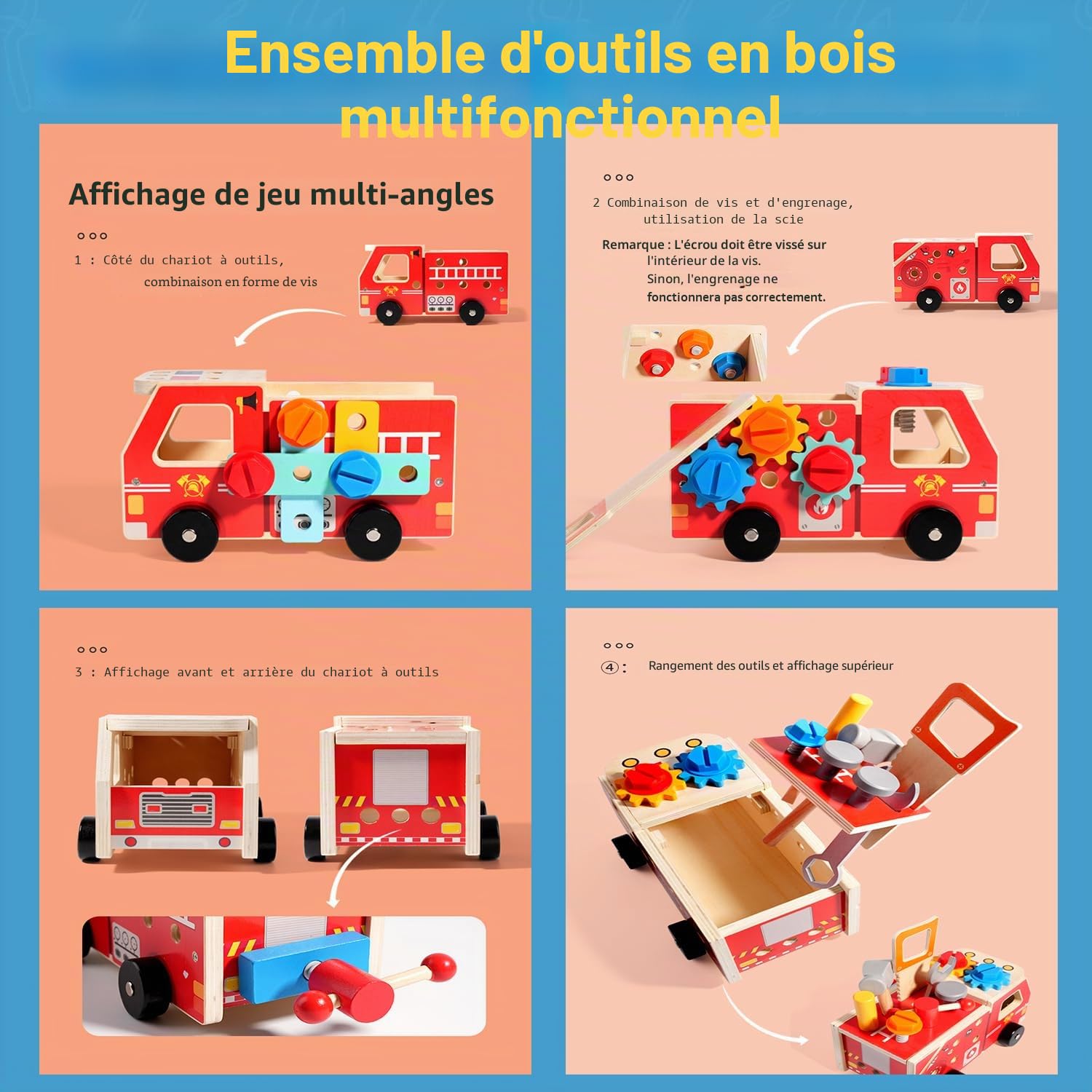 Jeu d'Outils en Bois pour Enfants, Camion de Pompier 4 en 1 Transformable en Établi avec Boîte à Outils, Jouets Montessori d'Imitation et de Bricolage, Cadeau Éducatif pour Garçons et Filles de 3+ Ans
