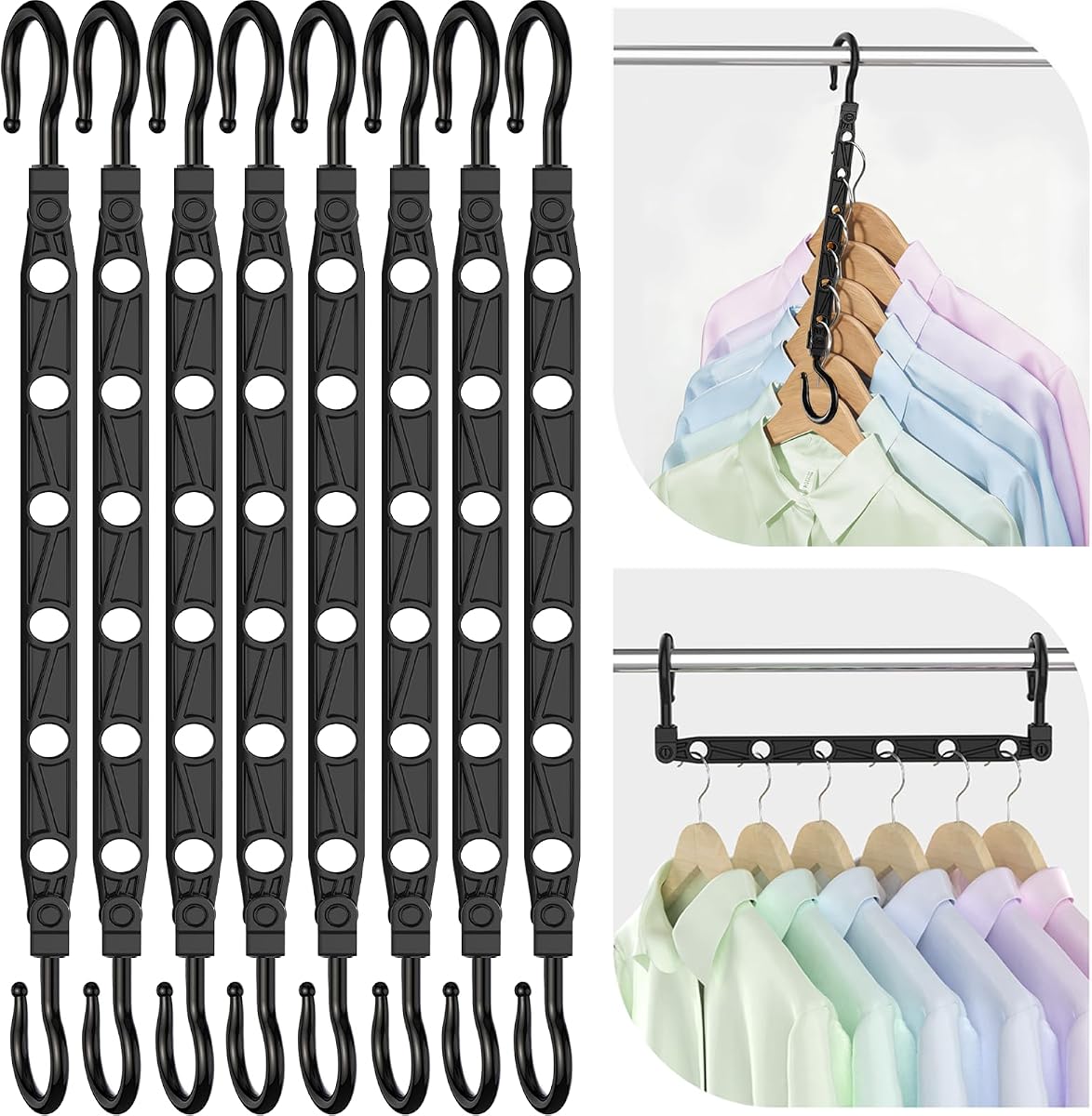 Space Saving Hangers for 48 Clothes, Reinforced Collapsible Hangers | 360° Swivel Hook, Fully Assembled, Hanger Hooks Space Saver for Closet Organizers and Storage, Dorm Room Essentials, Black