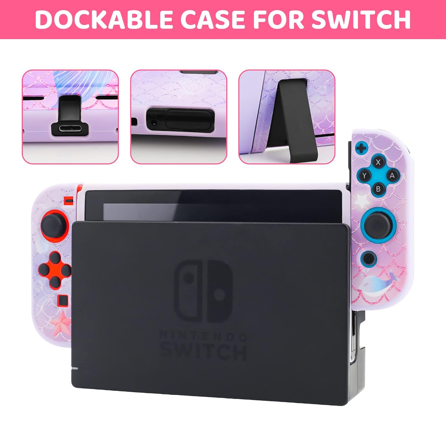 GLDRAM Purple Carrying Case for Nintendo Switch, Accessories Bundle with Protable PU Travel Case, PC Protetive Shell, 9H Screen Protector, Thumb Caps and Shoulder Strap for Mermaid