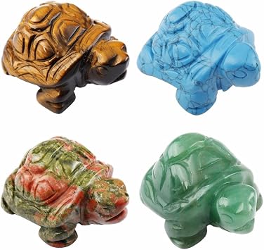 Rockcloud 1.5" 4PCS Colorful Stone Hand Carved Guardian Turtle Pocket Stone | Healing Crystal Figurine, Tortoise Statue, Stone Animal Amulet, for Home Office Desk Decoration, Crystal Grids Collection
