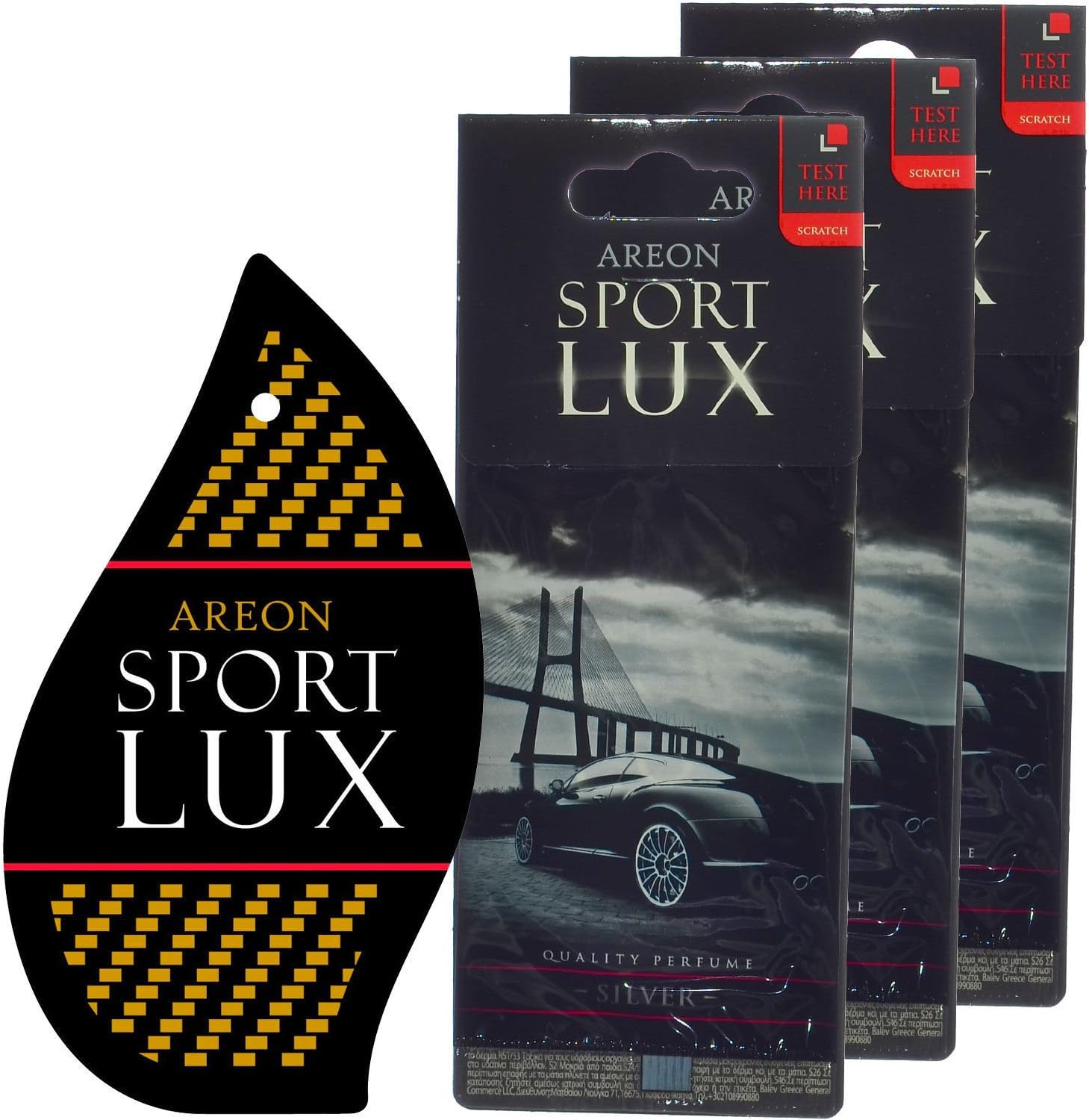 Air Freshener Areon Sport LUX Quality Perfume/Cologne Cardboard Car, Silver -3pk