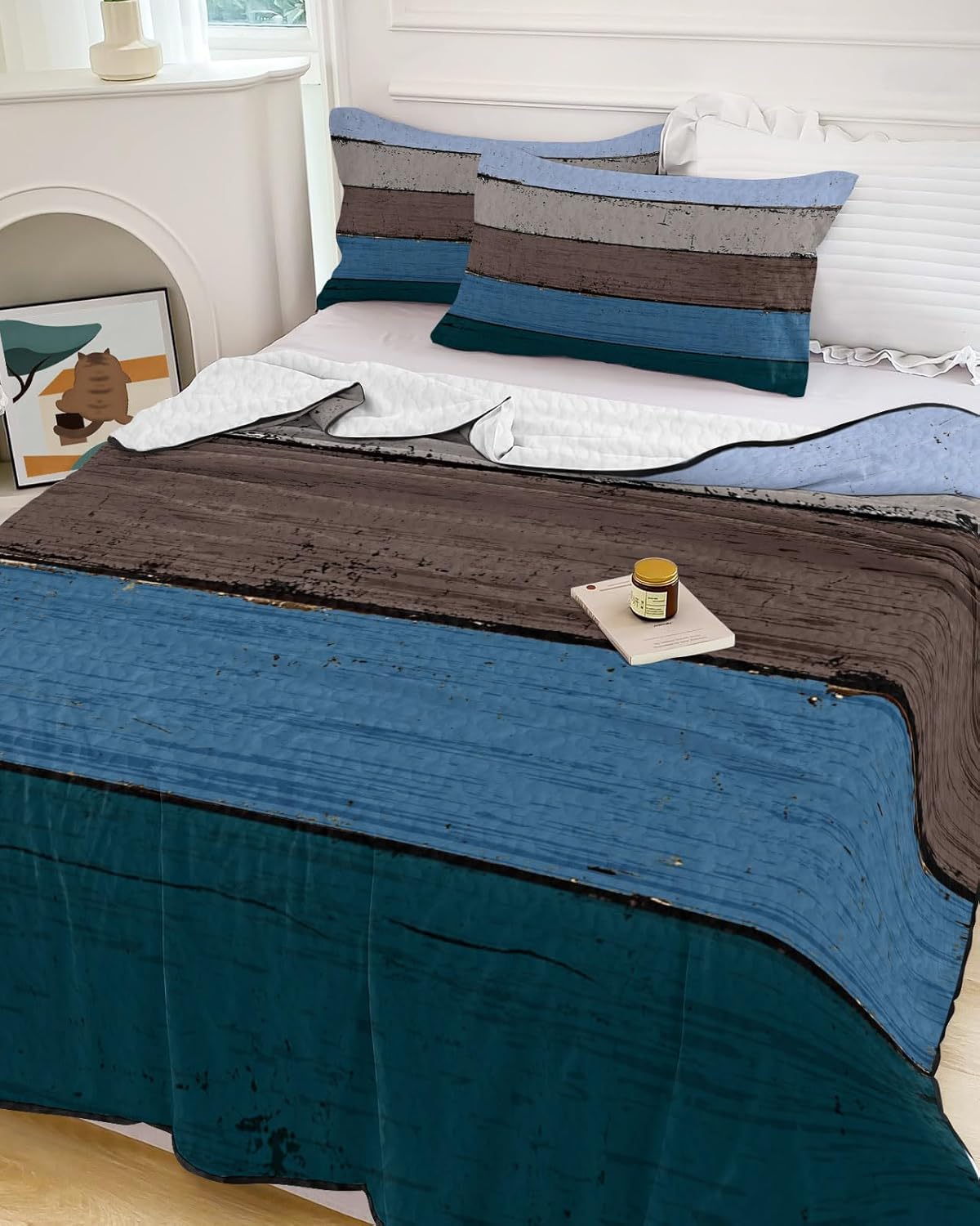 Full Size Quilt Set, Farm Blue Wood Board Lightweight Bedspread Coverlet Set Soft Microfiber Summer Quilt with 2 Pillow Shams, Vintage Wooden Grain 3 Piece Comforter Bedding Set