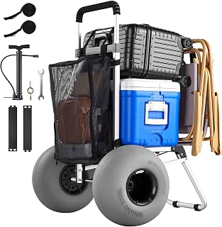 VEVOR Beach Dolly with Big Wheels for Sand, 20" x 15" Cargo Deck, Folding Sand Cart with 12" Balloon Wheels, 165 lbs Loading Capacity & 34" to 46" Adjustable Height, Heavy Duty Cart for Beach Camping