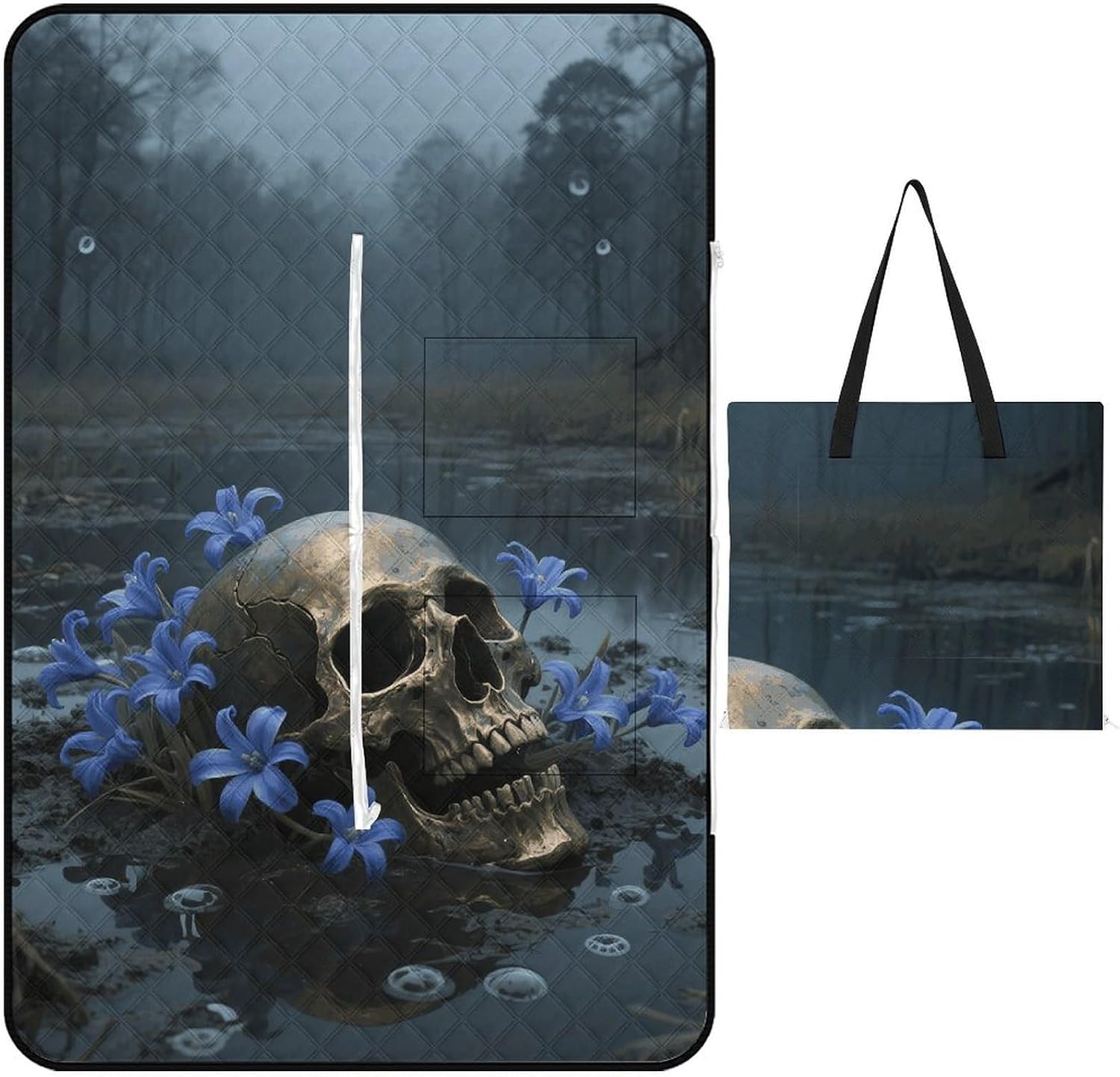 Skull Floral Picnic Blanket 150x150cm, Foldable 2-in-1 Picnic Mat and Tote Bag Portable Waterproof Beach Mat Sandproof Outdoor Blanket for Park, Hiking, Beach, Camping, Travel