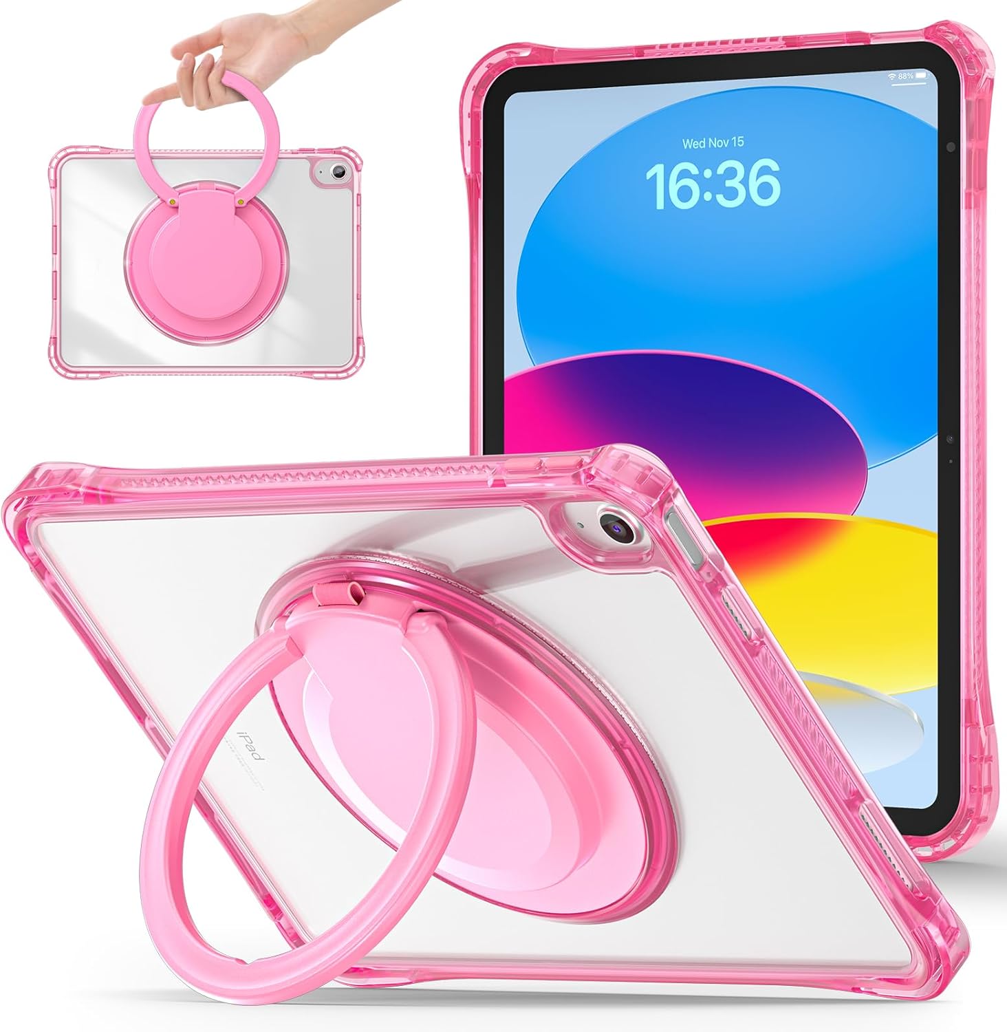 Mektron for 2025 iPad 11 inch (A16 Chip) 11th Gen Case, PC Clear Cover for iPad 10th Gen10.9 inch 2022, Shockproof Tablet Cases with Soft TPU & Rotating Stand for Kids, Rose