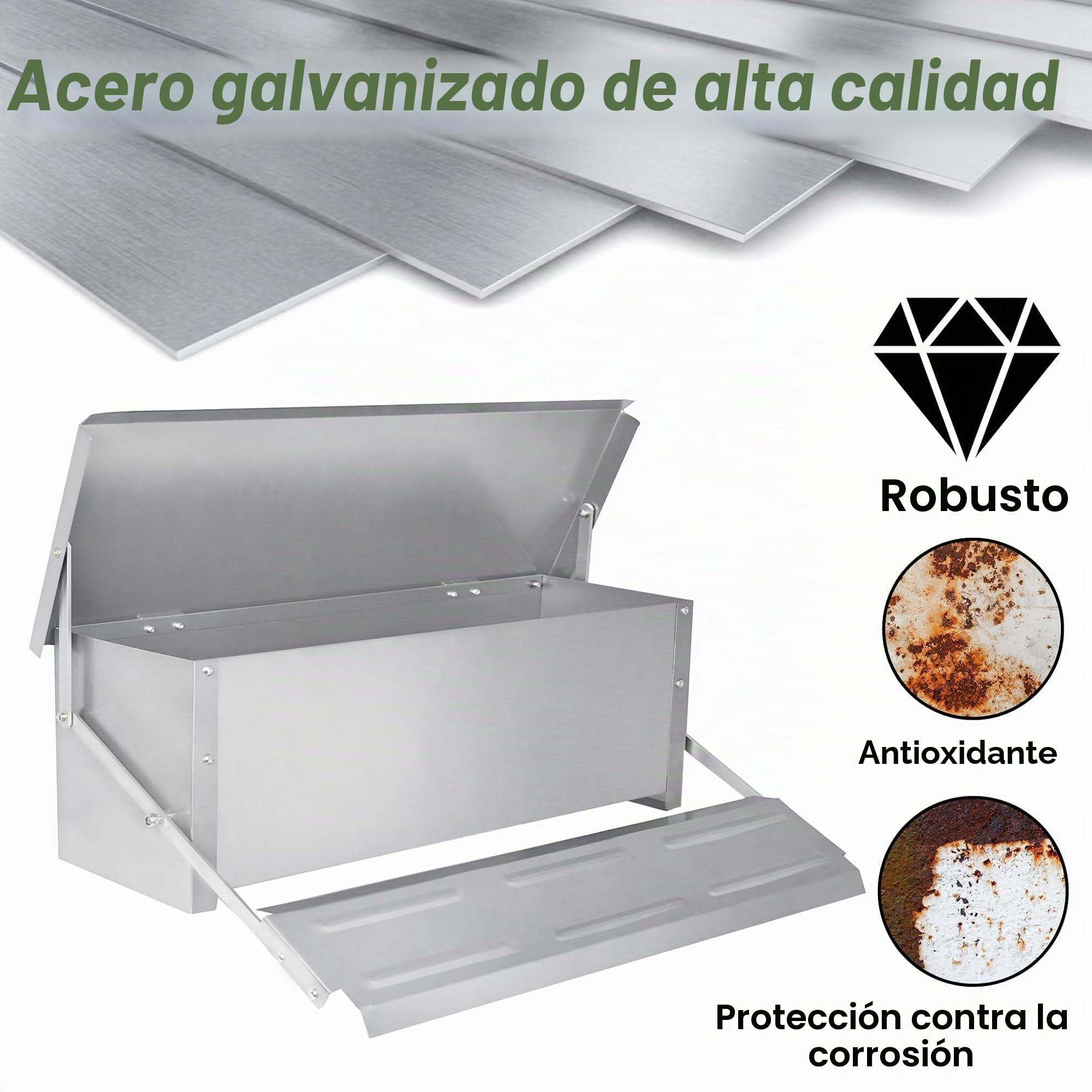 Comedero automático para gallinas de 10 kg, en acero galvanizado, comedero para aves con patas a prueba de ratas y cubierta impermeable para gallinas, patos