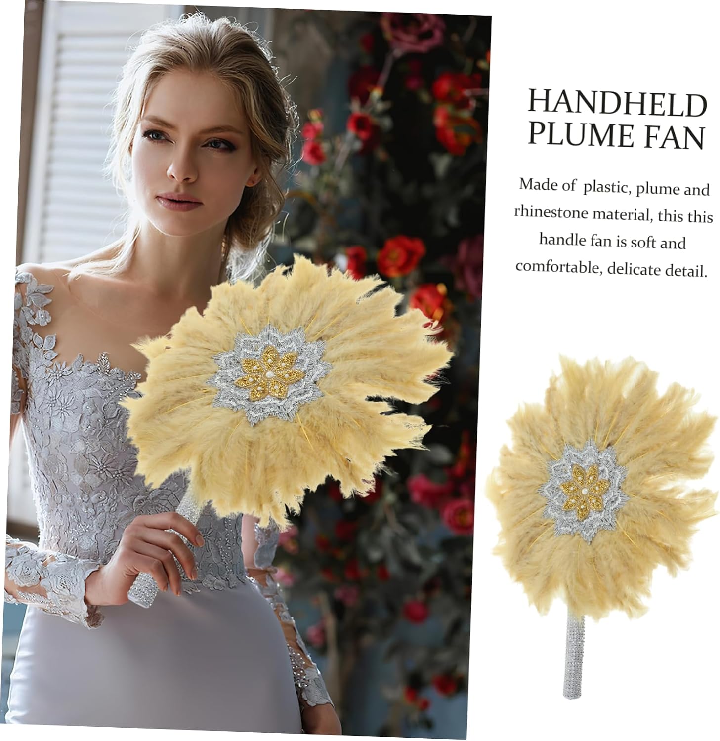 PRETYZOOM Wedding Rhinestone Plume Fan Elegant Handheld Prop for Bridal Decor Photography Vintage Style Hand Fan for Weddings and Events