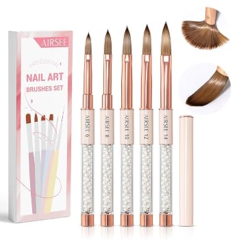 AIRSEE 5PCS Acrylic Nail Brush Set, Size 6/8/10/12/14 for Acrylic Powder Brushes, Nail Extension & 3D Carving Beginner & Professional Use DIY Salon Home, Pearl