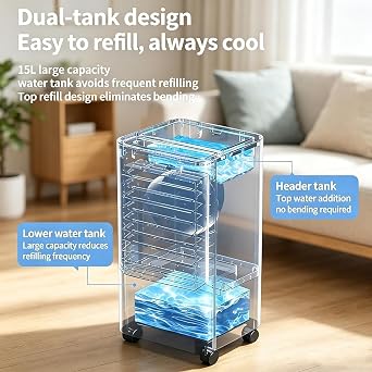 Portable Evaporative Air Cooler Fan with Ice Packs, 15L Dual Tank [Energy Class A]