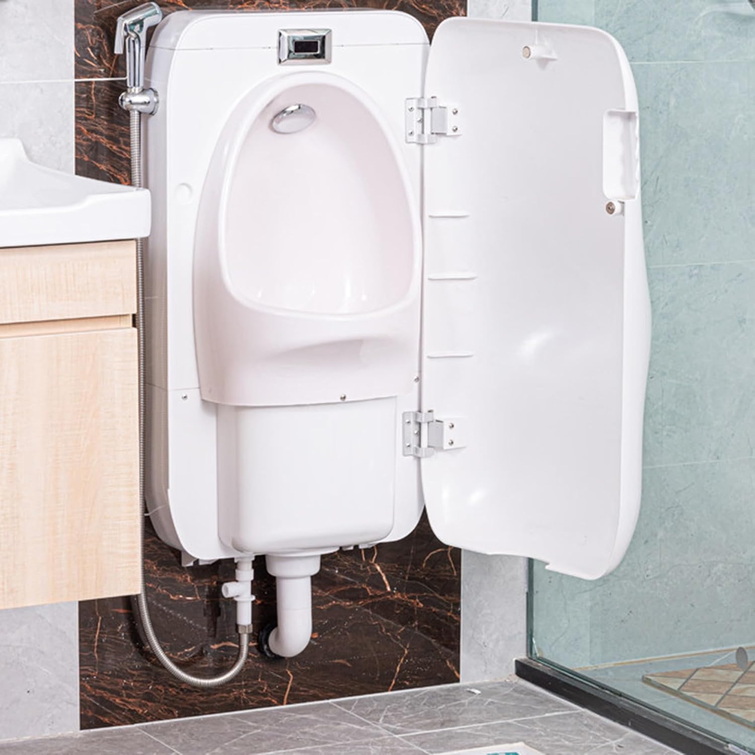 Wall Mounted ABS Urinal, Commercial Washout Urinal with Privacy Cover Door, urine diverter with Sensor Flush, Integrated Water Tank, for Garage, Workshop, Home