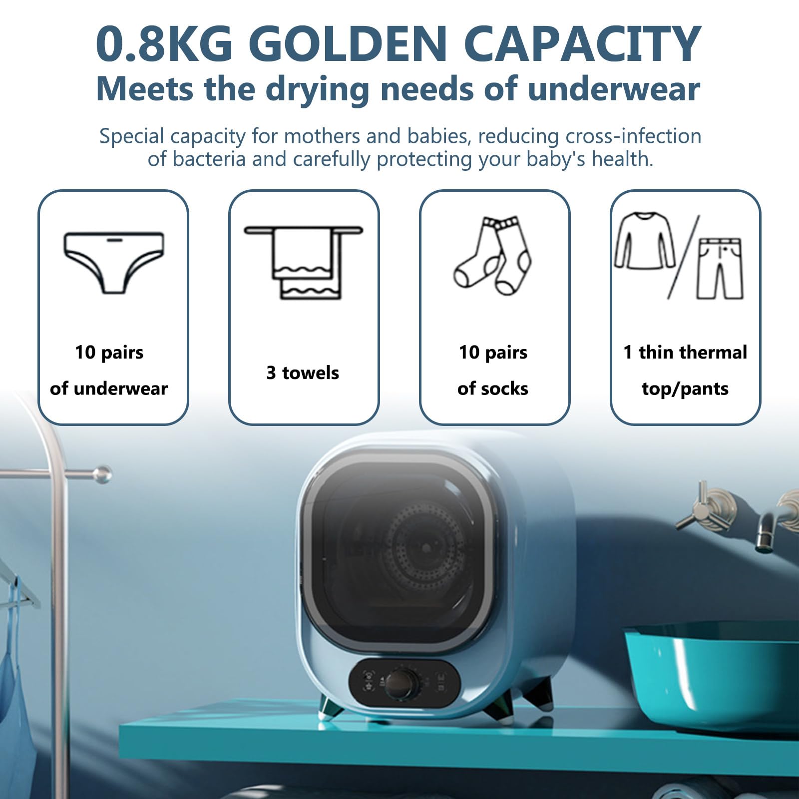 Capacidad De Carga Frontal, Secadora De Ropa PequeñA, para Uso sobre Encimer, CirculacióN De Aire Caliente Tridimensional De 360°, Temperatura Constante De 60℃ Blue-B