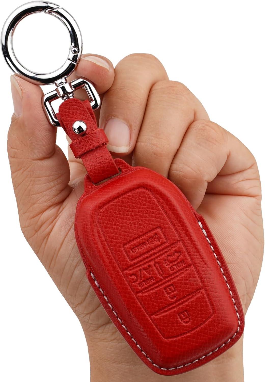 Genuine Leather Key Fob Cover Case Compatible with Toyota Sienna 2021-2024, Venza 2021-2024, RAV4 Prime 2021-2024, 5 Buttons Smart Remote Protector with A/C & Trunk Hold Buttons (Red)