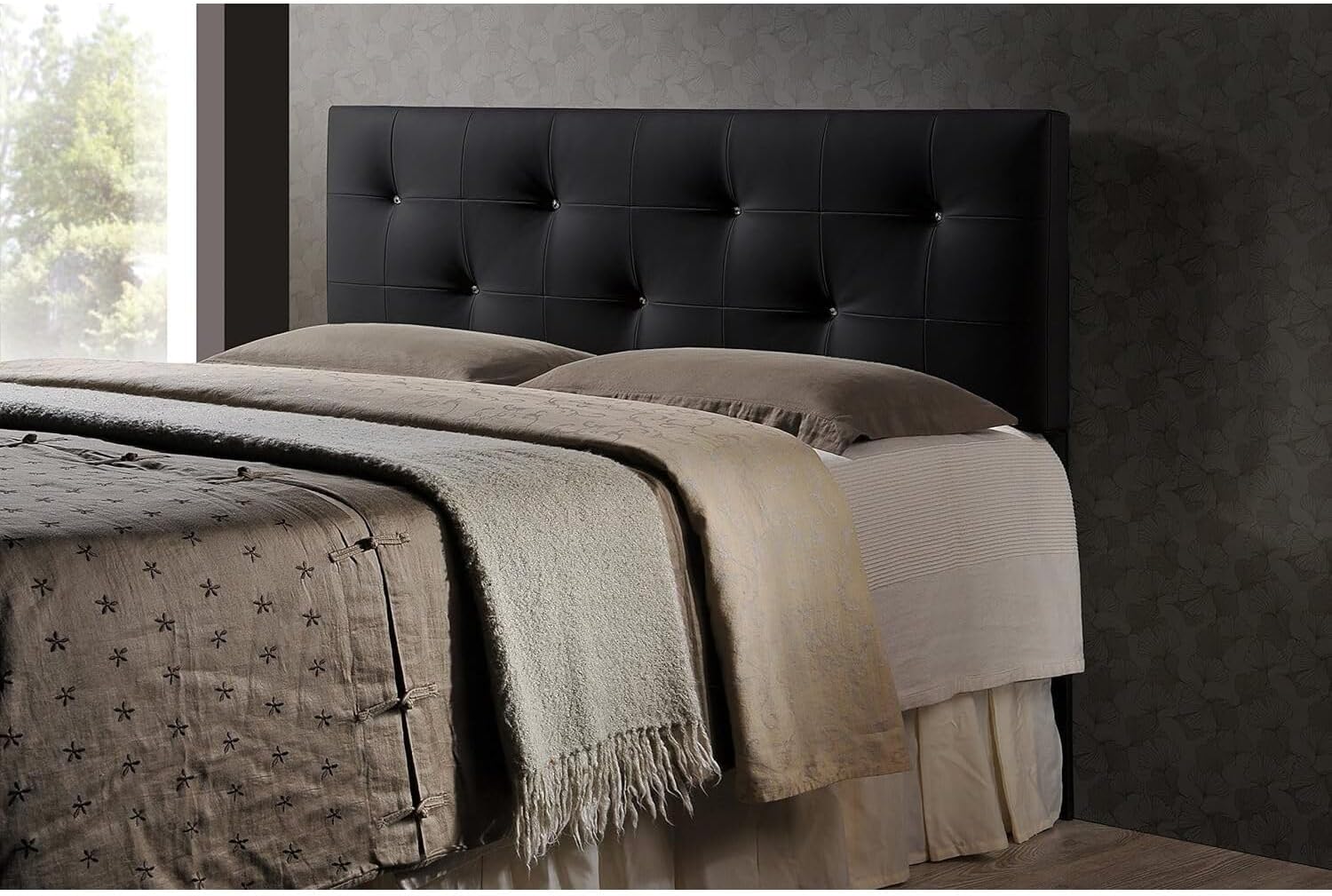 HomeStock Artistic Accomplishment Modern and Contemporary Queen Black Faux Leather Headboard with Faux Crystal Buttons Black/King