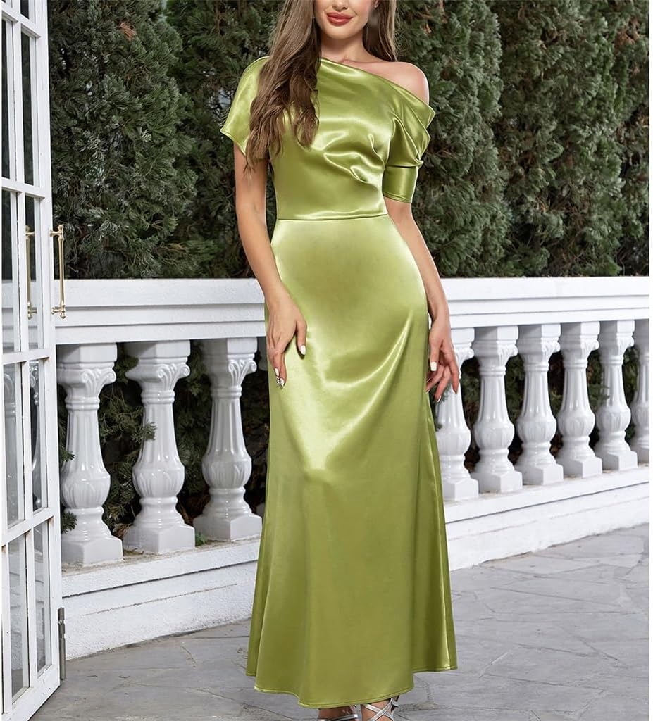 JSEIAJB Sexy Slant Shoulder High Waist Skirt Long Slim Dinner Dress Dress Women