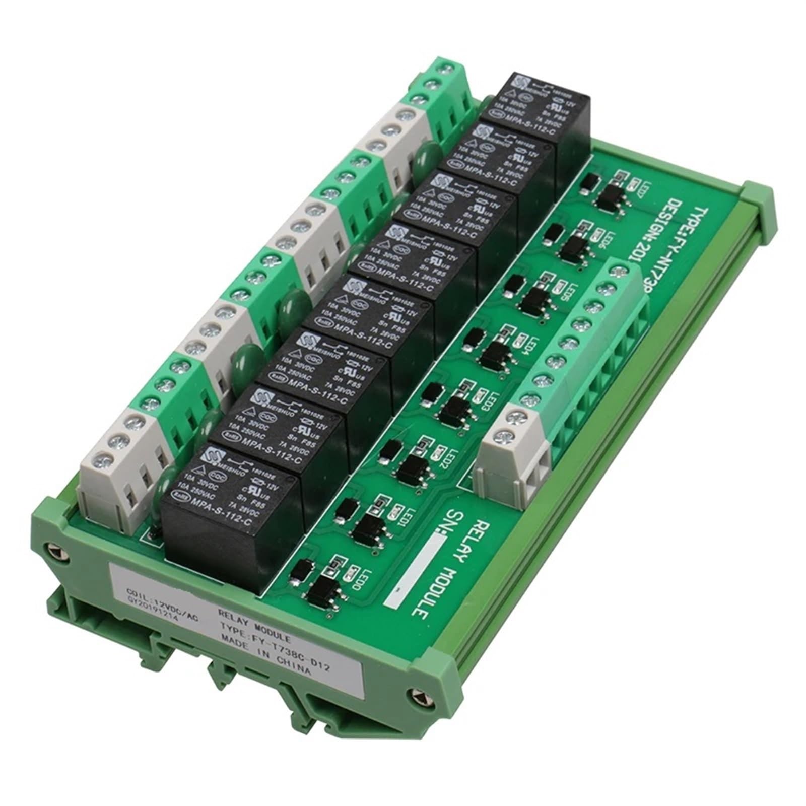 Módulo de relé de interfaz de 8 canales, 5VDC, 12VACDC, 24VACDC, montaje en Panel de carril DIN for placa PLC de automatización, 1 Uds.(FY-T738-5VDC)