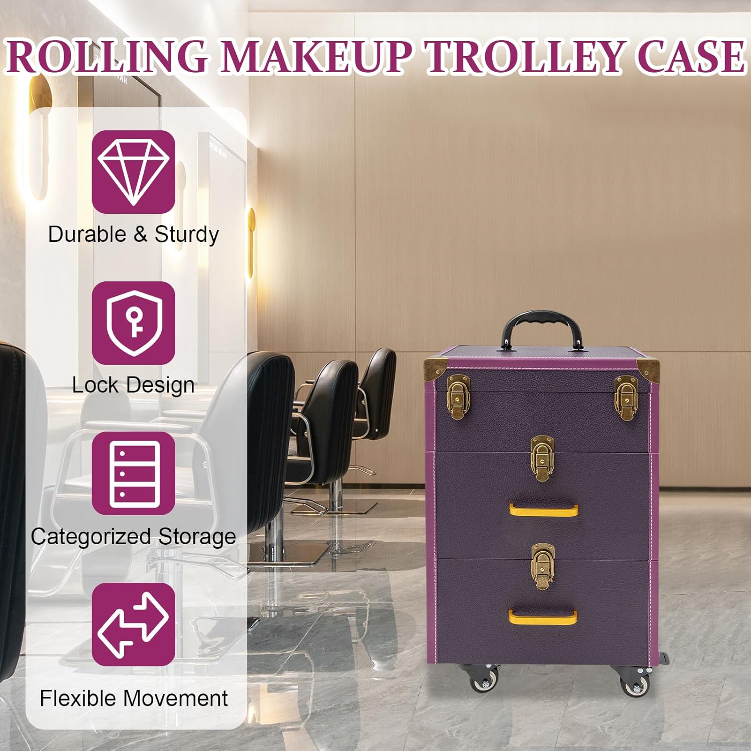 Rolling Makeup Case Cosmetic Train Case Trolley Storage Polish Organizer Purple